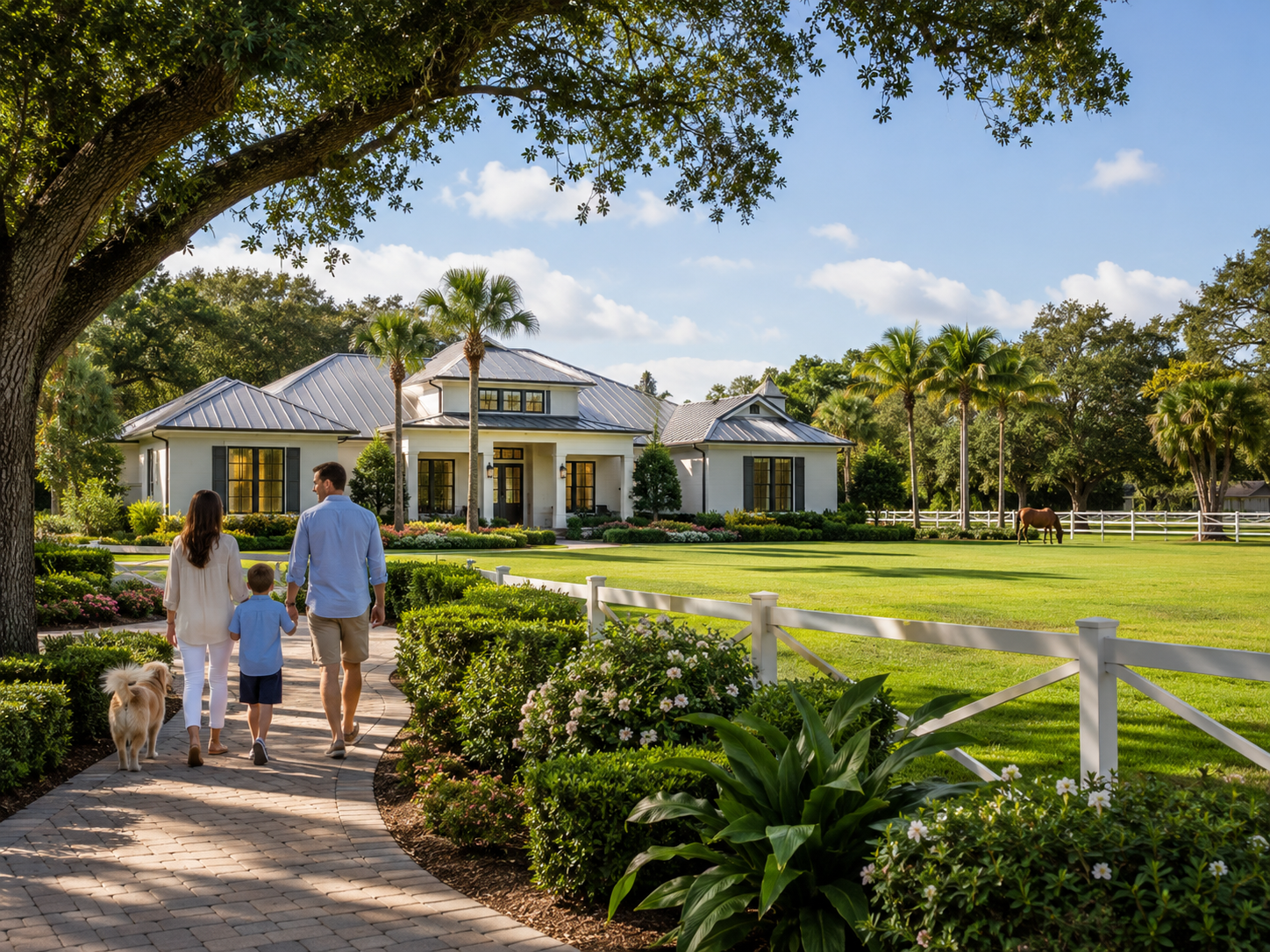 Family walking toward an acreage home in Loxahatchee Florida