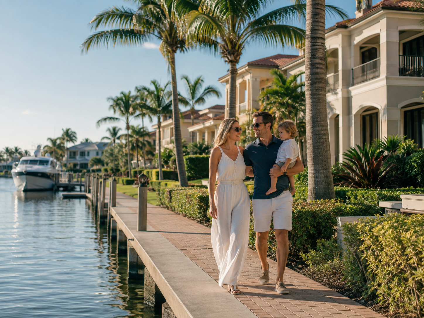 Family walking beside waterfront homes and boats in North Palm Beach Florida