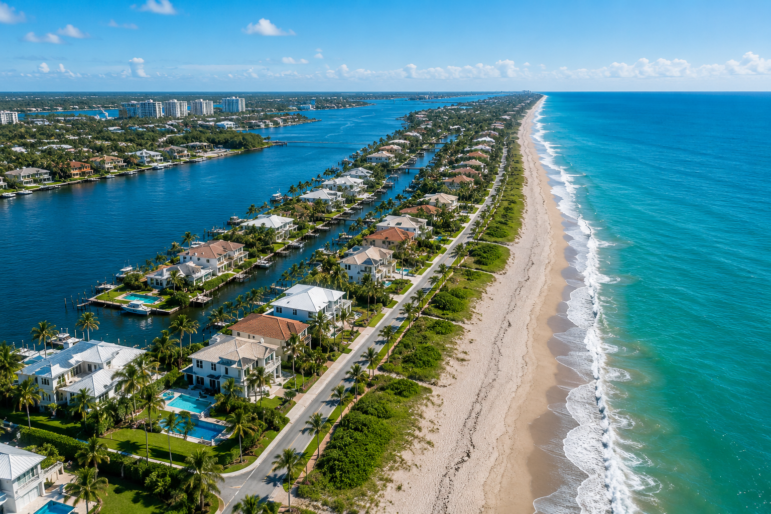 Aerial view of Ocean Ridge Florida between the Atlantic Ocean and Intracoastal Waterway