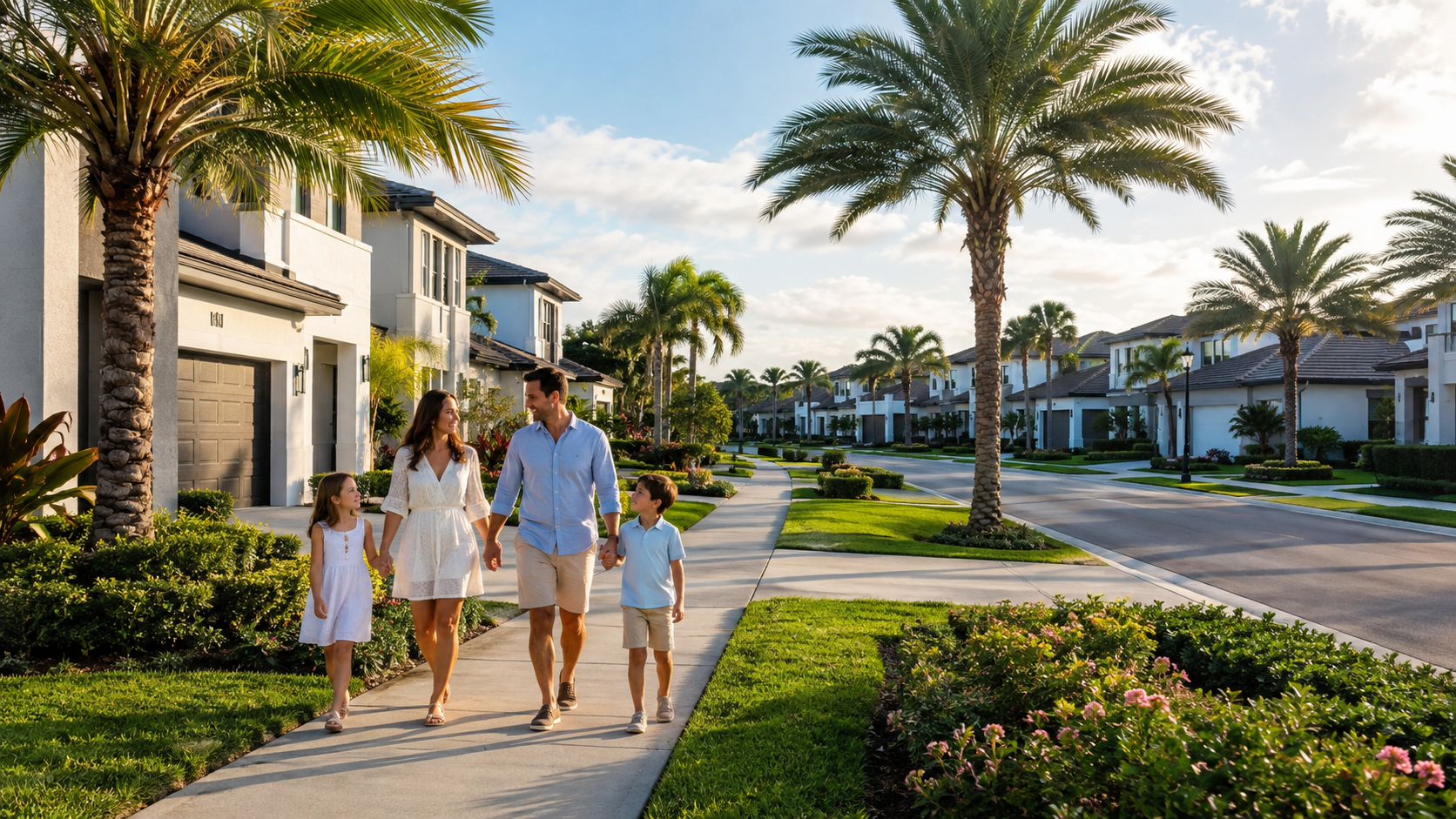 Family walking in a newer Palm Beach Gardens residential community
