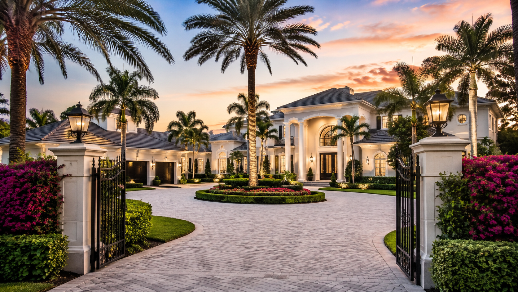 Palm Beach Gardens luxury gated home with landscaped entrance
