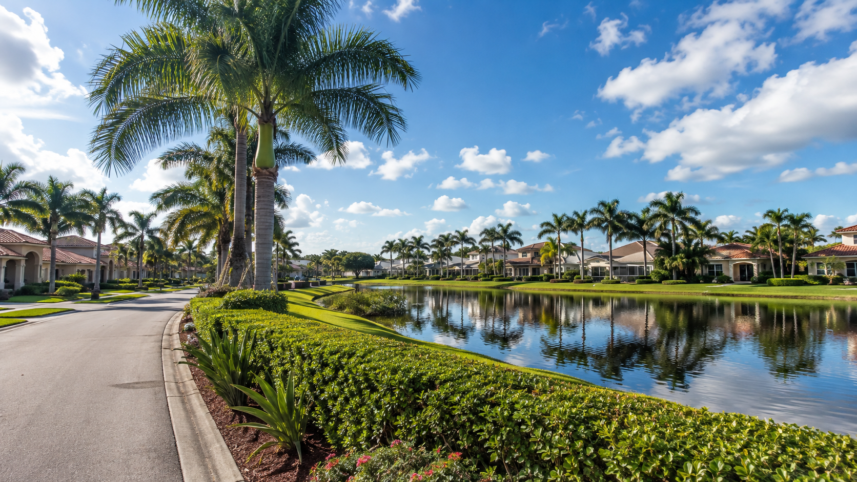 Royal Palm Beach Florida neighborhood with homes, palms, lake and landscaped streets