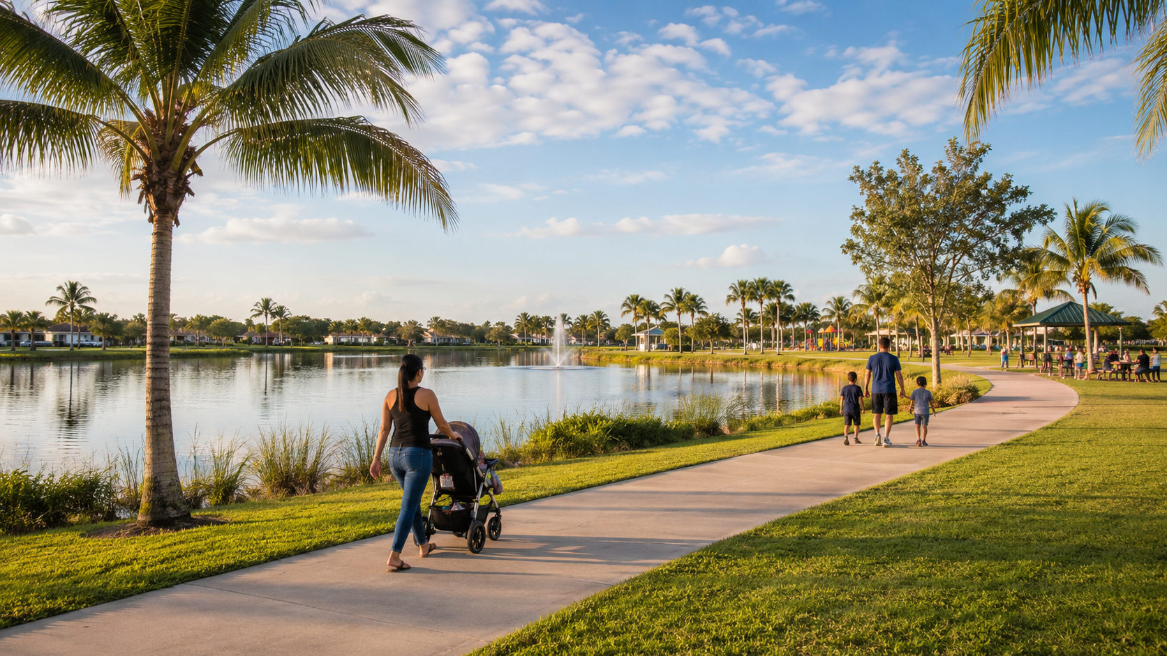 Royal Palm Beach park with lake, walking paths, palms and family recreation