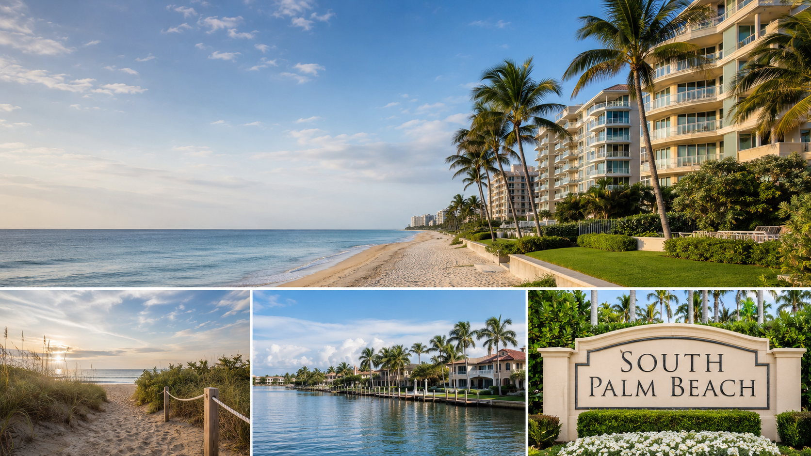 South Palm Beach coastal lifestyle collage featuring beach, waterfront and local residential scenery