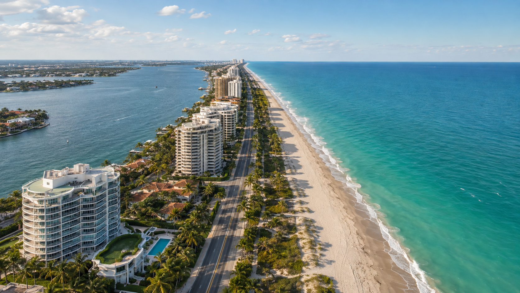 Aerial view illustrating South Palm Beach between the Atlantic Ocean and Intracoastal Waterway