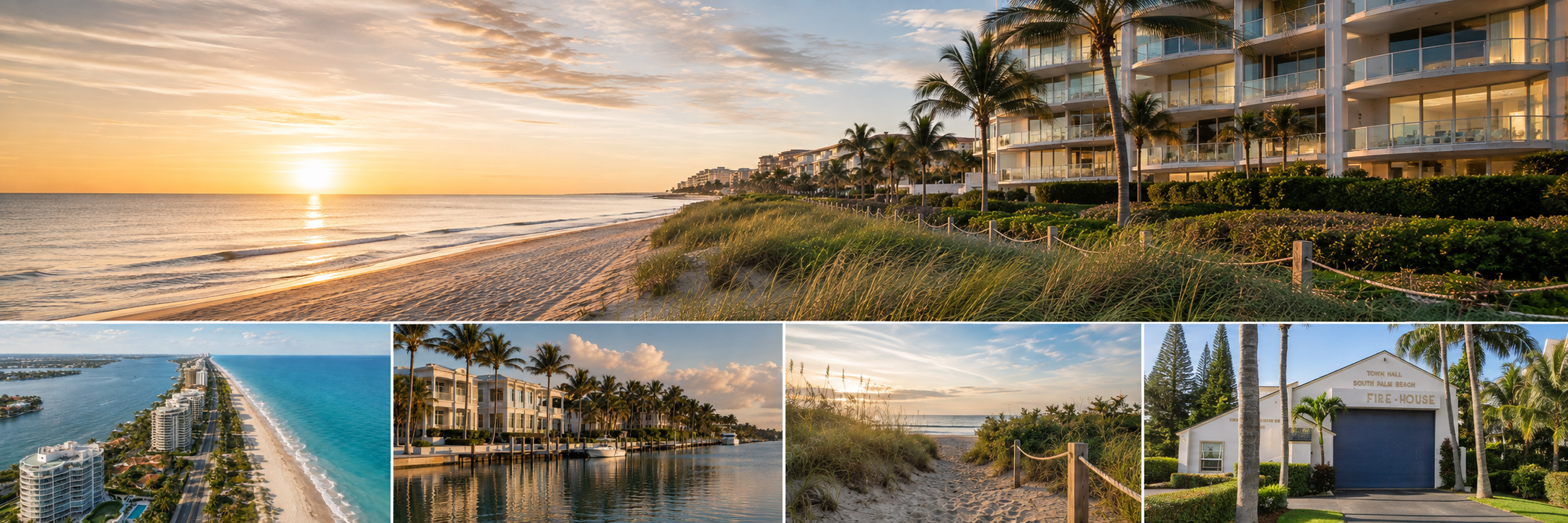 South Palm Beach coastal collage with oceanfront condominiums, beach, Intracoastal Waterway and local town landmark