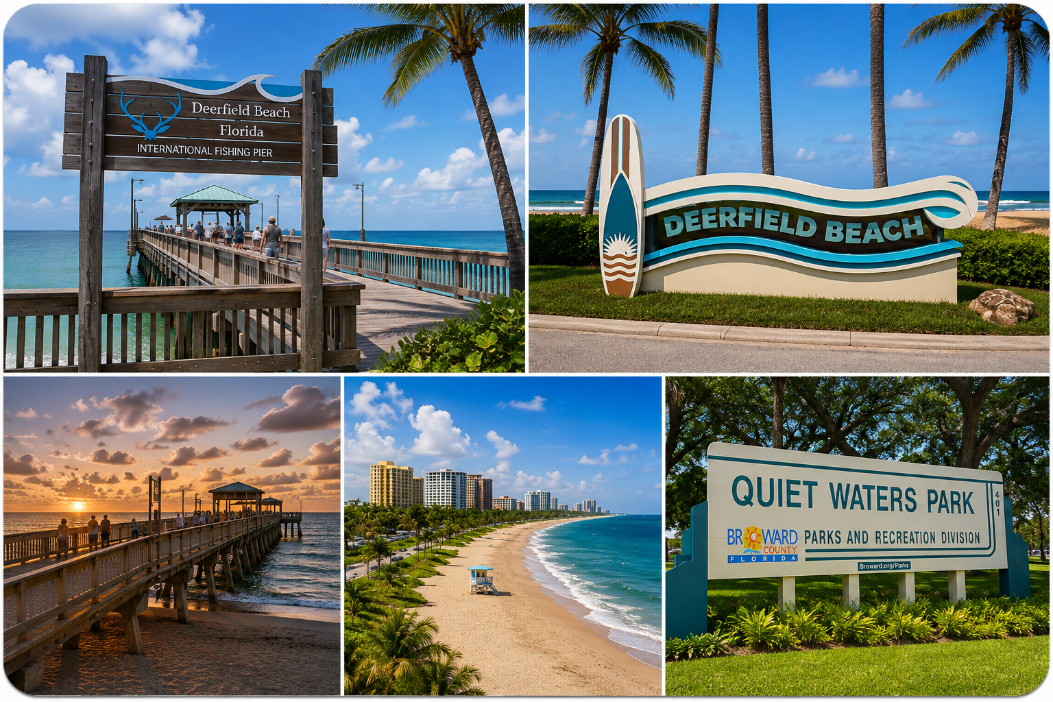 Collage of Deerfield Beach scenes: fishing pier, palm trees, blue ocean, and a decorative Deerfield Beach sign near the shore.