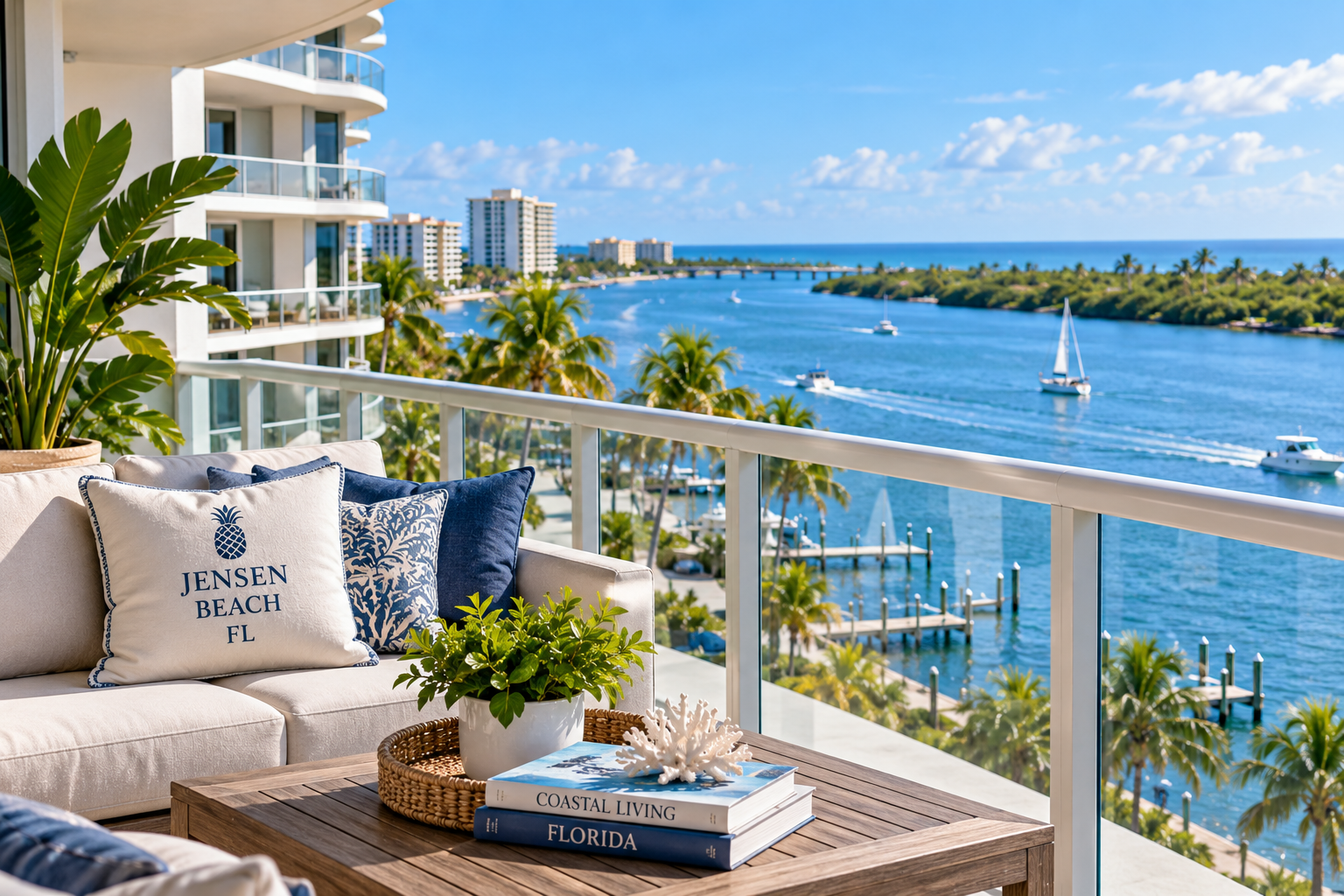 Balcony overlooking a palm-lined Jensen Beach waterway with boats