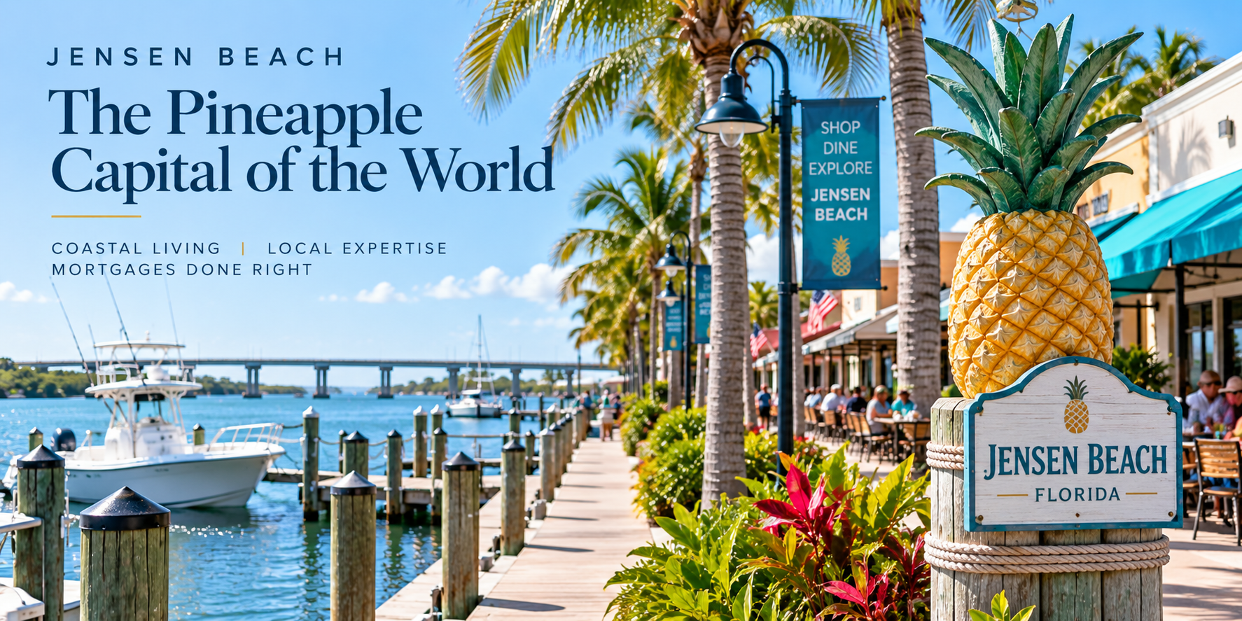 Jensen Beach waterfront with palm-lined boardwalk and boats in the harbor