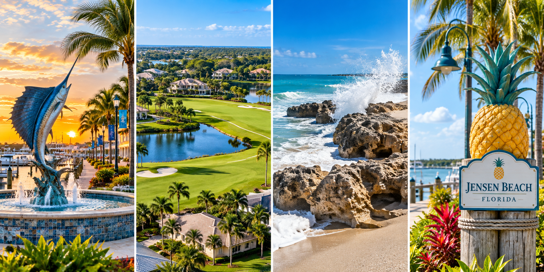 Four-panel collage of Martin County, Florida: a marlin fountain at the marina at sunset, a tropical golf course, waves crashing on coastal rocks, and the Jensen Beach welcome sign