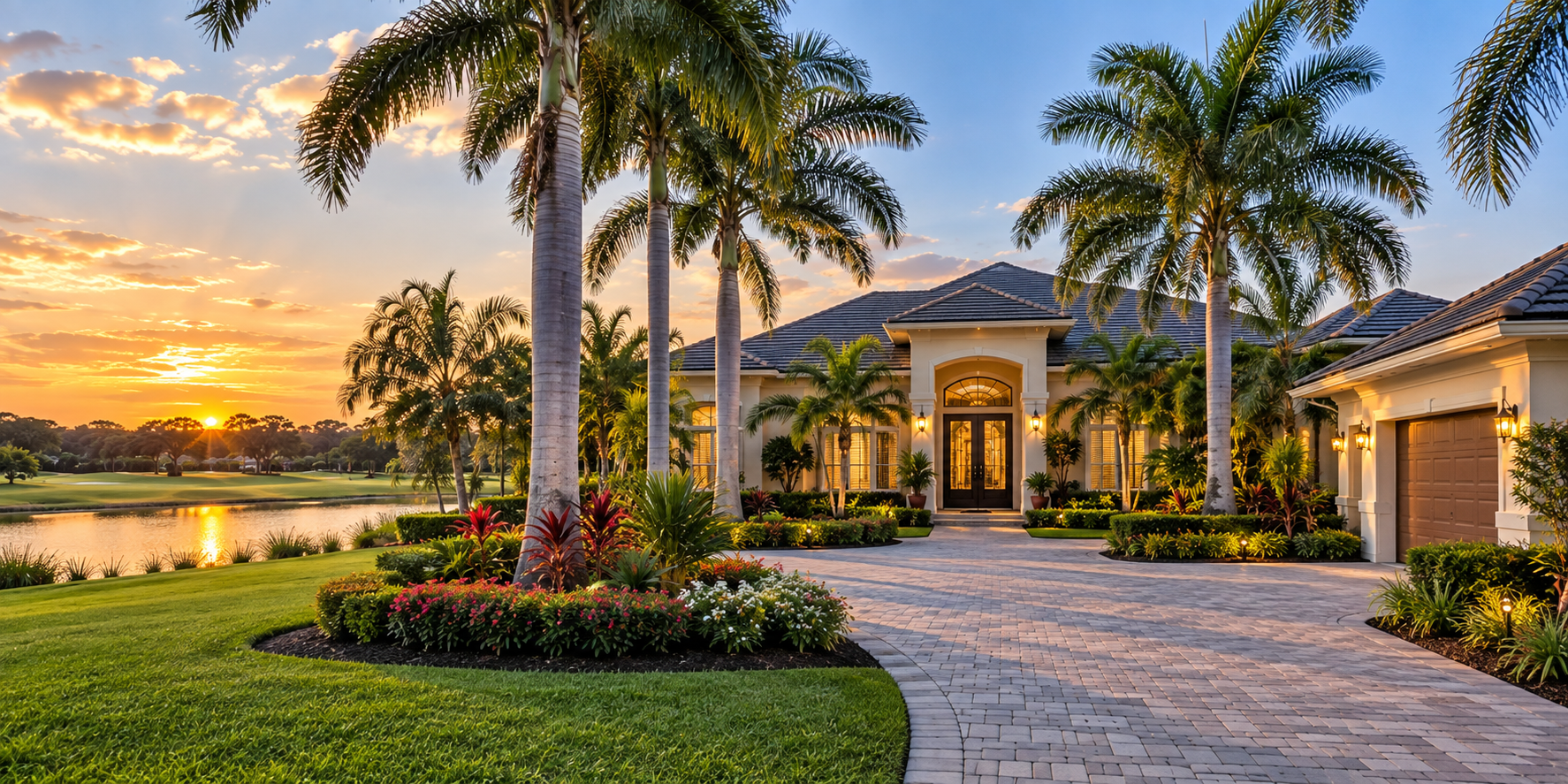 Golf-community estate in Palm City, Florida at sunset
