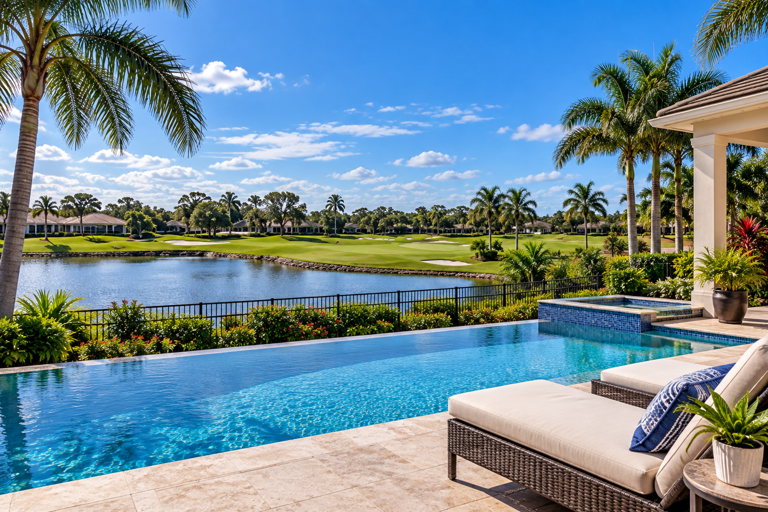 Pool overlooking a golf course fairway in a Palm City golf community