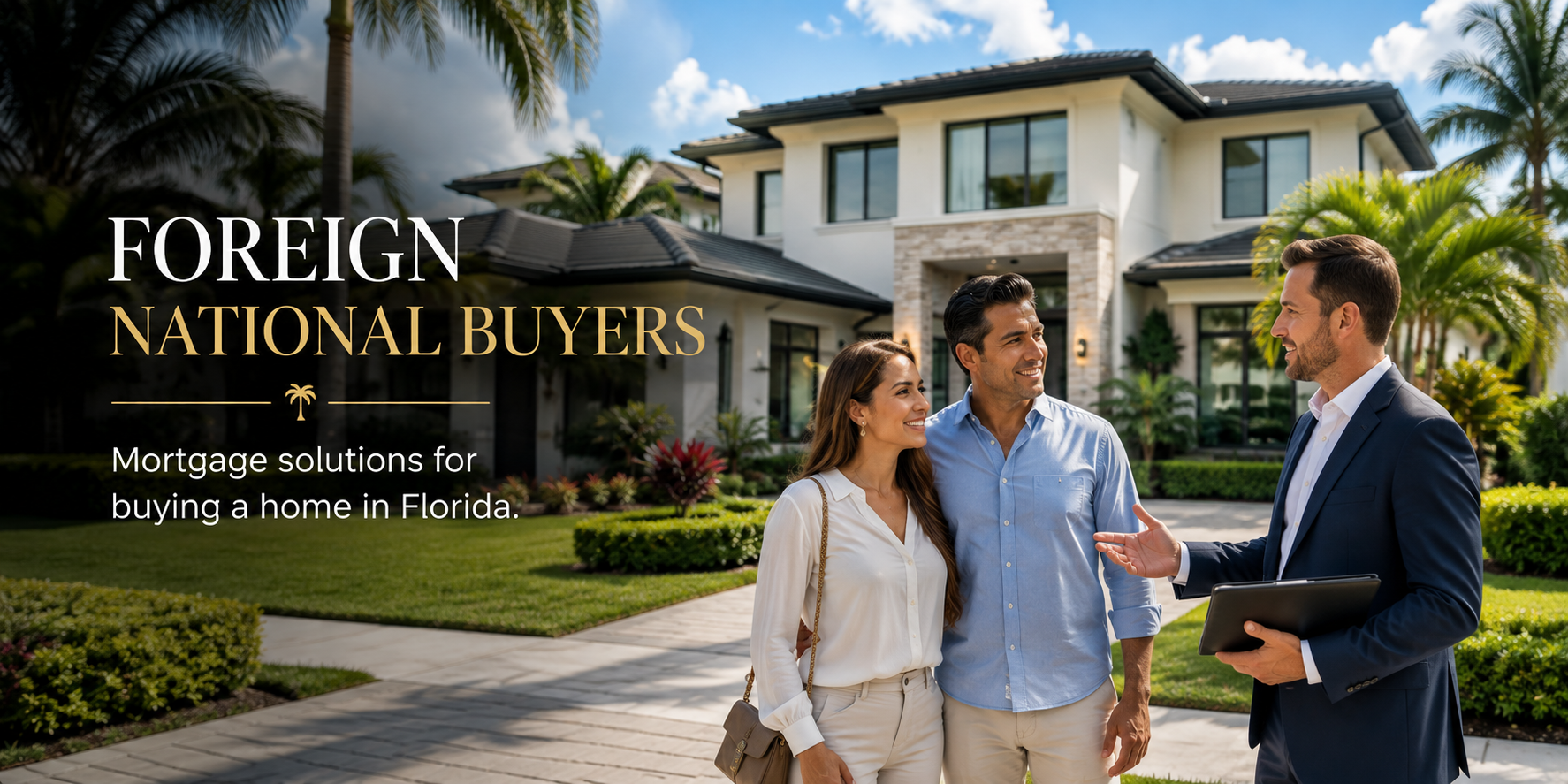 Happy couple with a real estate agent outside a modern Florida home, promoting mortgage solutions for foreign national buyers.