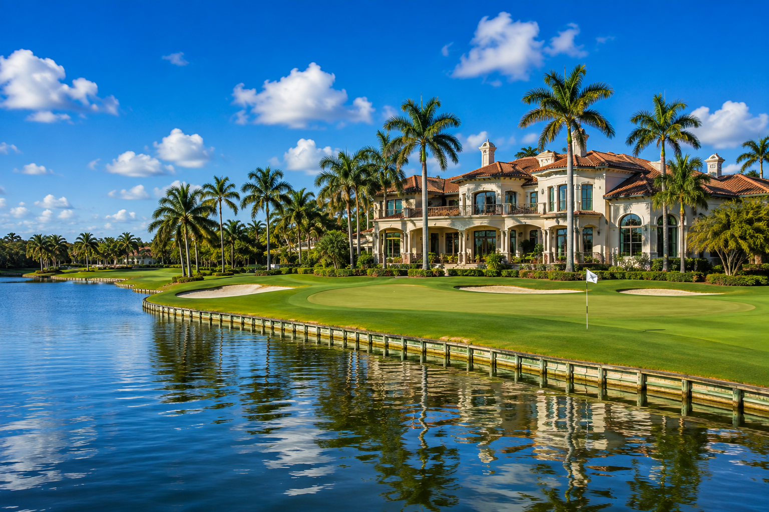 Luxurious Mediterranean-style mansion beside a golf course, palm trees lining the green, with a calm lake in the foreground.