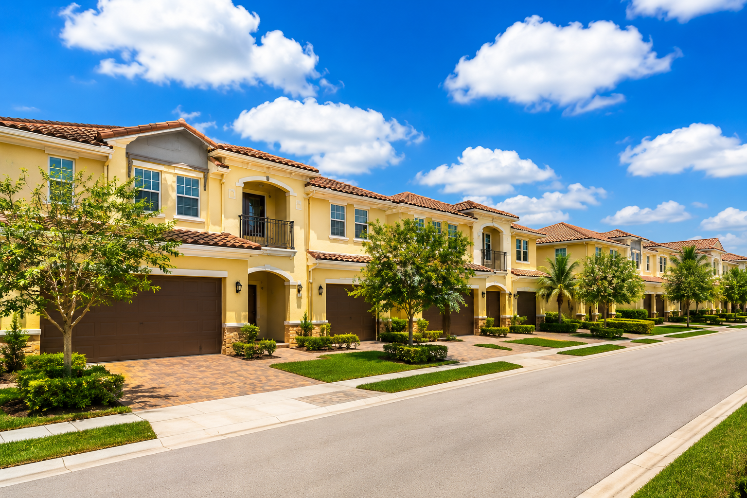 Row of yellow, two-story townhouses with brown garages along a sunny street, with green lawns and trees under a blue sky.