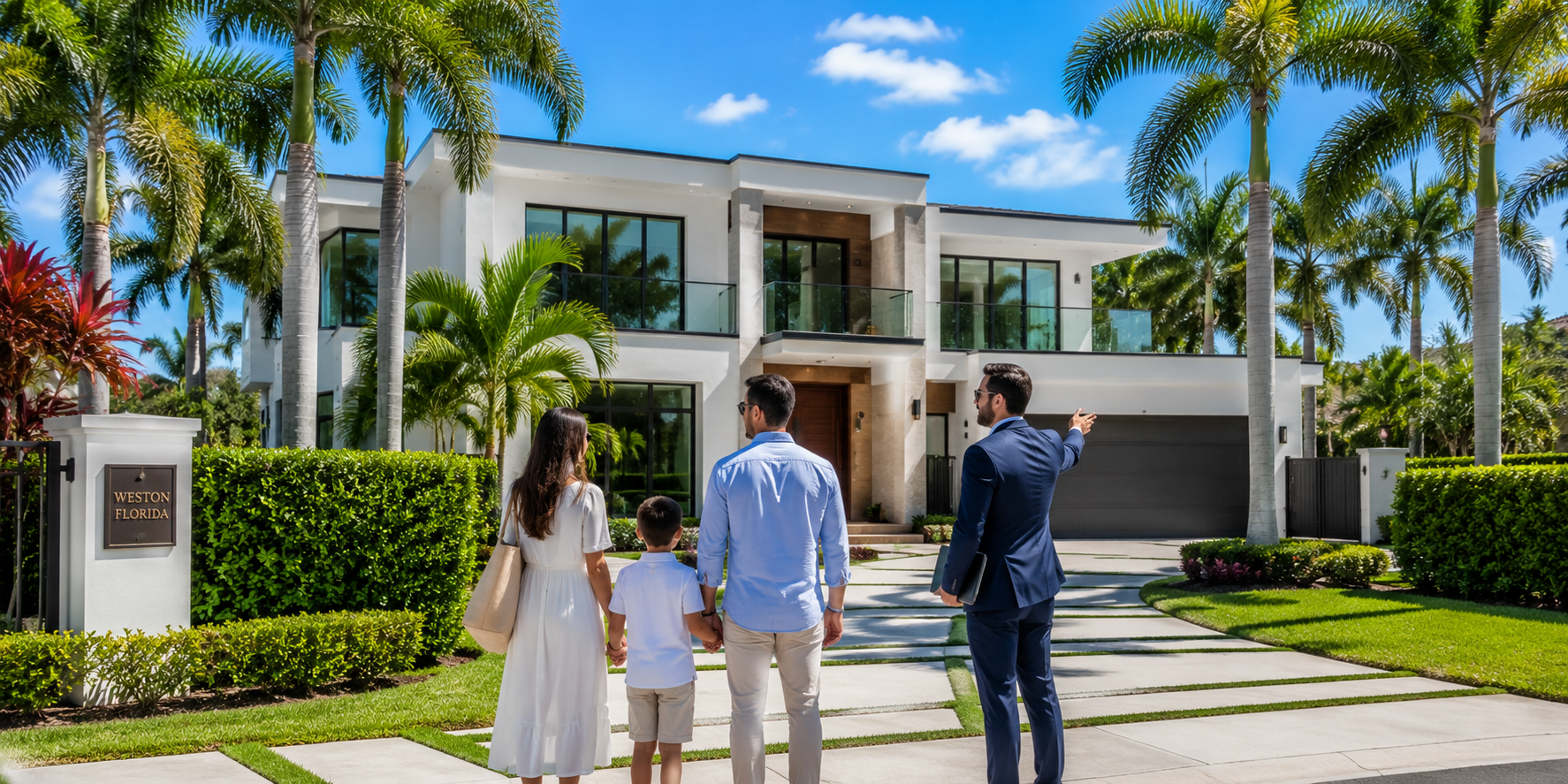 Family of four standing in front of a modern white two-story home with glass balconies and palm trees, on a sunny day in Weston, Florida.