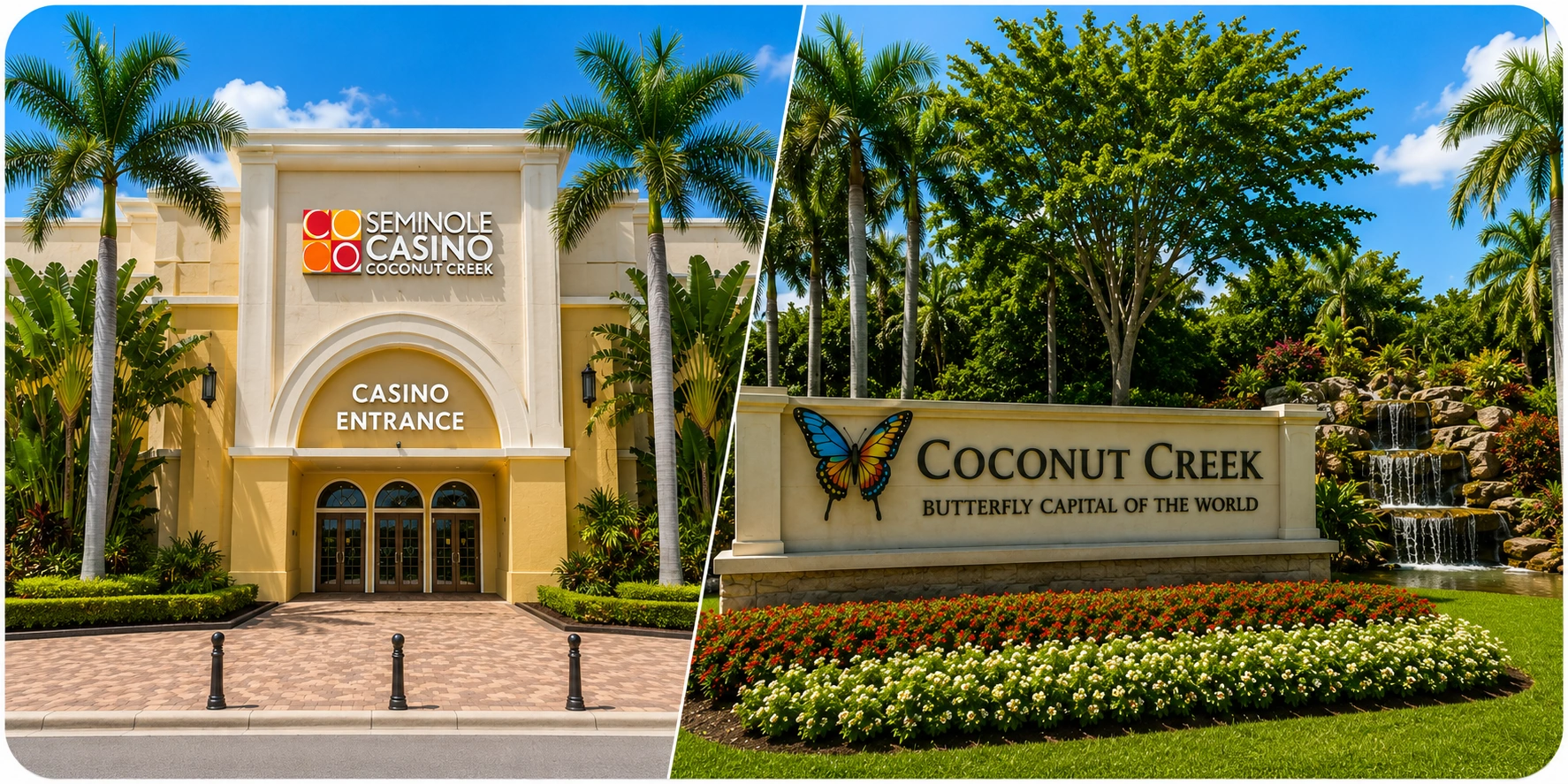 Seminole Casino Coconut Creek entrance and a landscaped Coconut Creek welcome sign with a butterfly