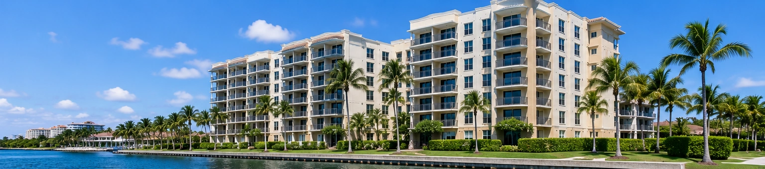 Row of beige mid-rise apartment buildings along a canal with palm trees and a blue sky.