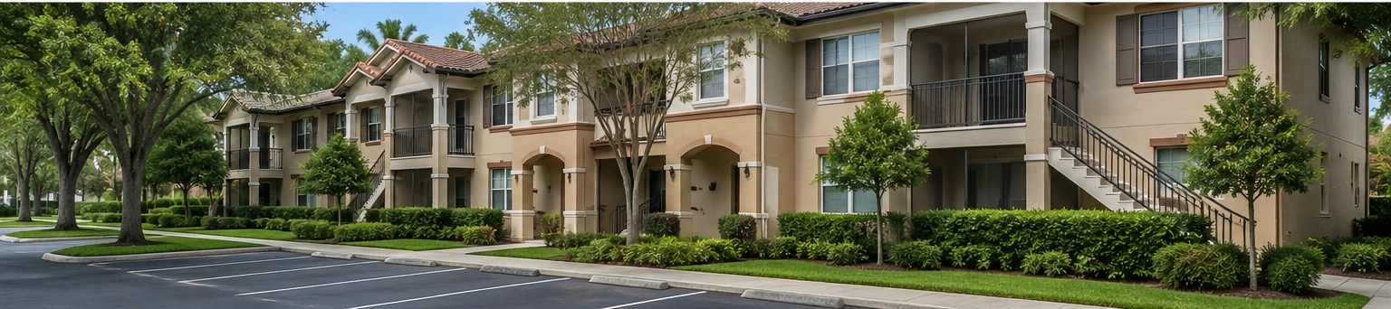 Two-story beige apartment building complex with balconies, staircases, and well-kept landscaping beside a paved parking lot.