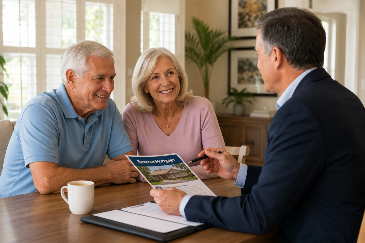 Older couple at a table reviewing a 'Reverse Mortgage' brochure with a financial advisor. professional in a dark suit explains documents while they smile.