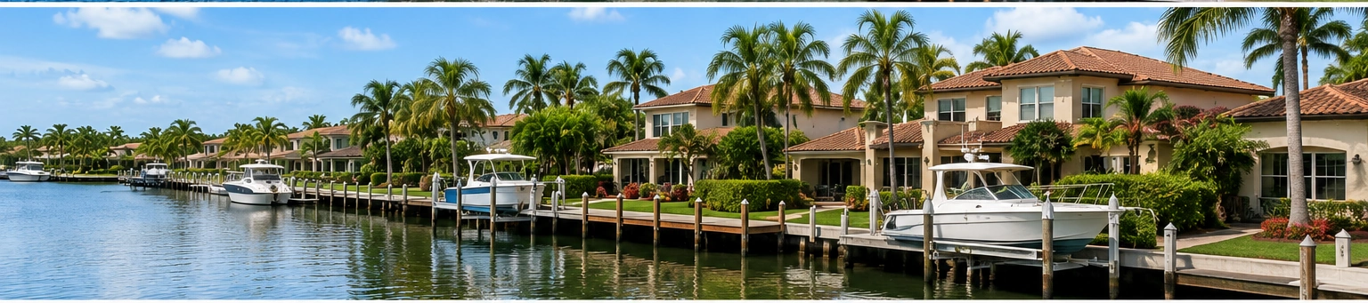Row of tropical waterfront houses with palm trees and private docks along a calm canal; boats moored at each dock.