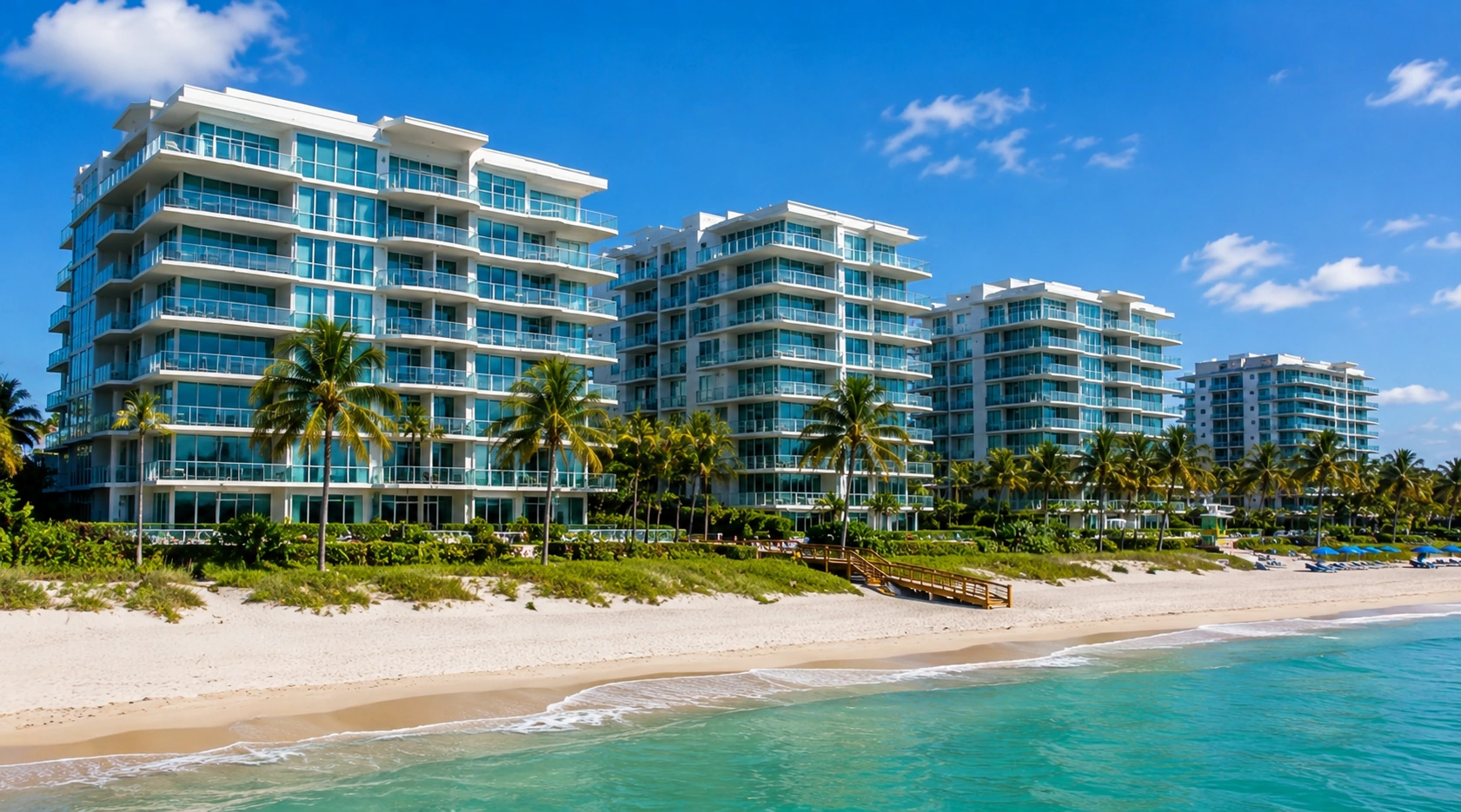 Row of upscale condominium towers along the Pompano Beach oceanfront