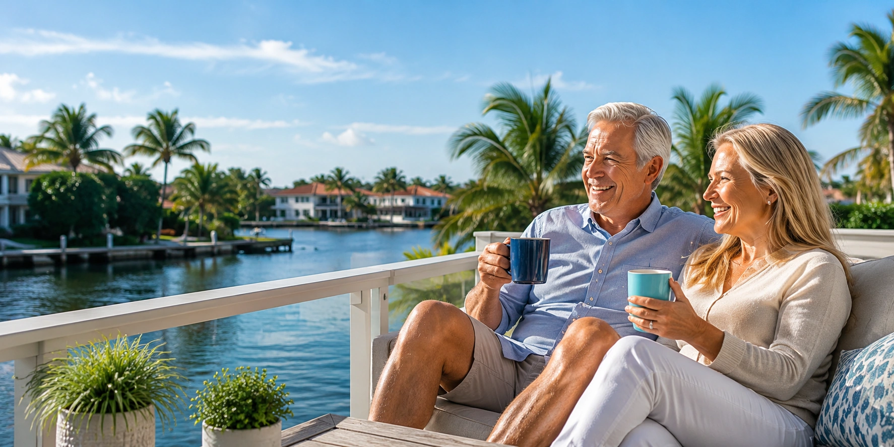 Retired homeowners enjoying an oceanfront terrace view in Pompano Beach
