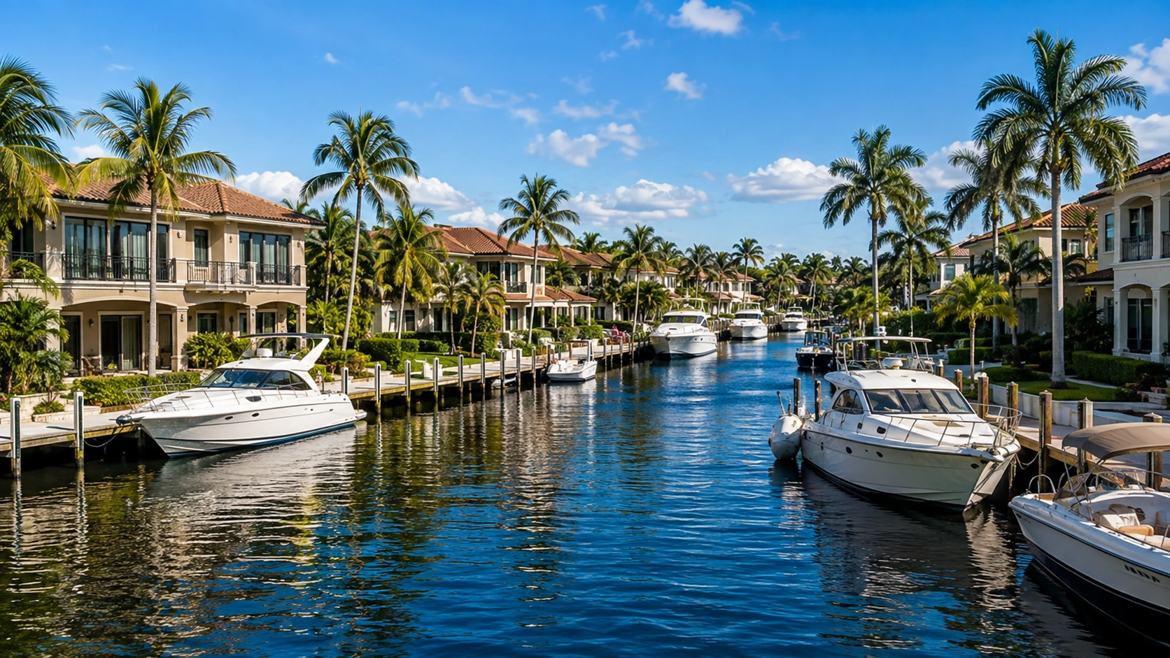 Canal-front homes with docks and boats in a Pompano Beach boating neighborhood