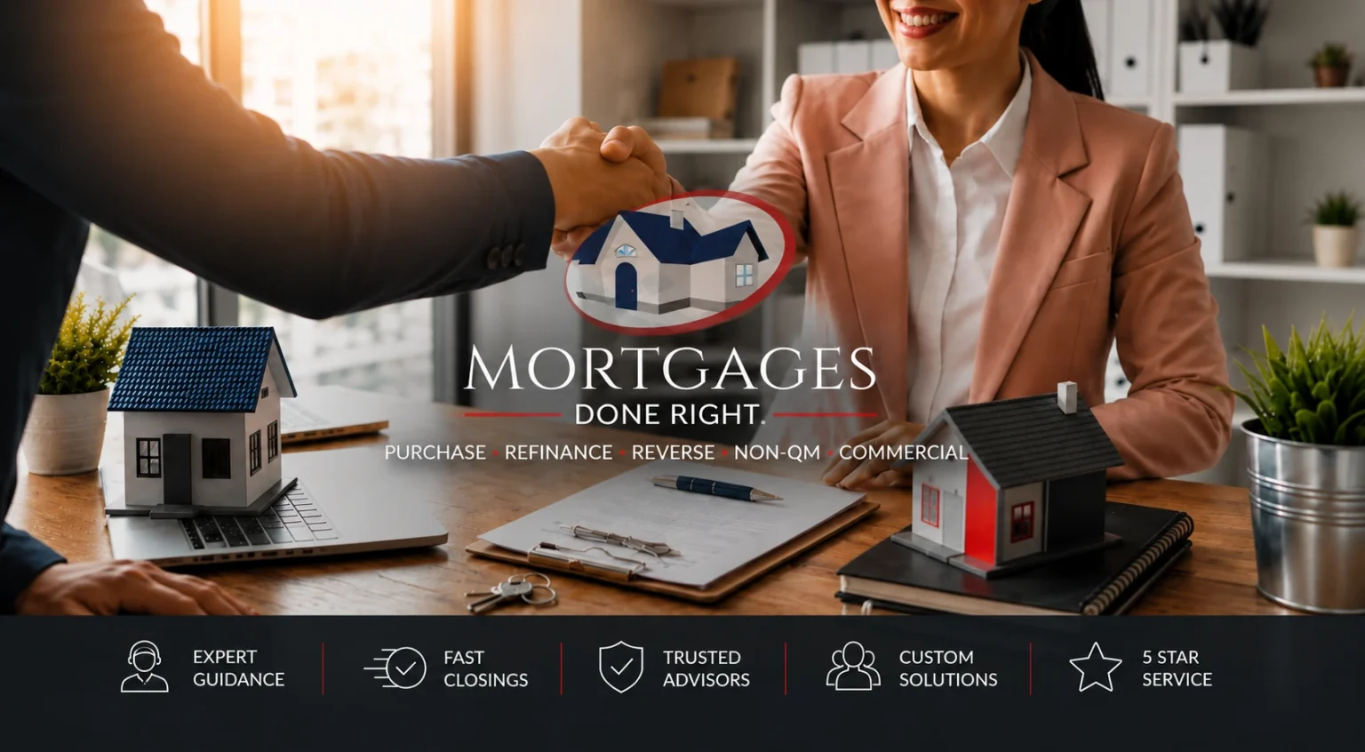 A mortgage advisor and a smiling client shake hands across a desk with small model homes, under the Mortgages Done Right logo