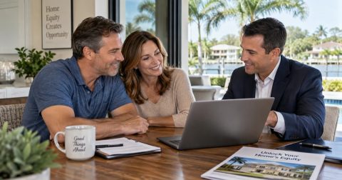 Couple reviewing refinance options with a mortgage advisor